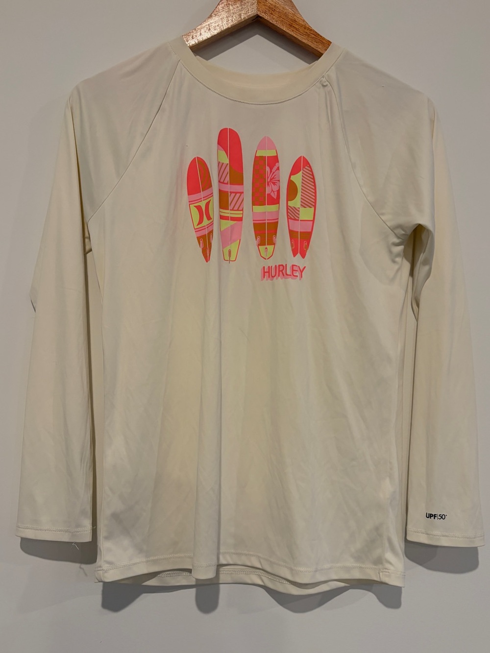 Hurley Size XXL (18/20) Cream Surfboard Graphic Long Sleeve Rash Guard Swim Top
